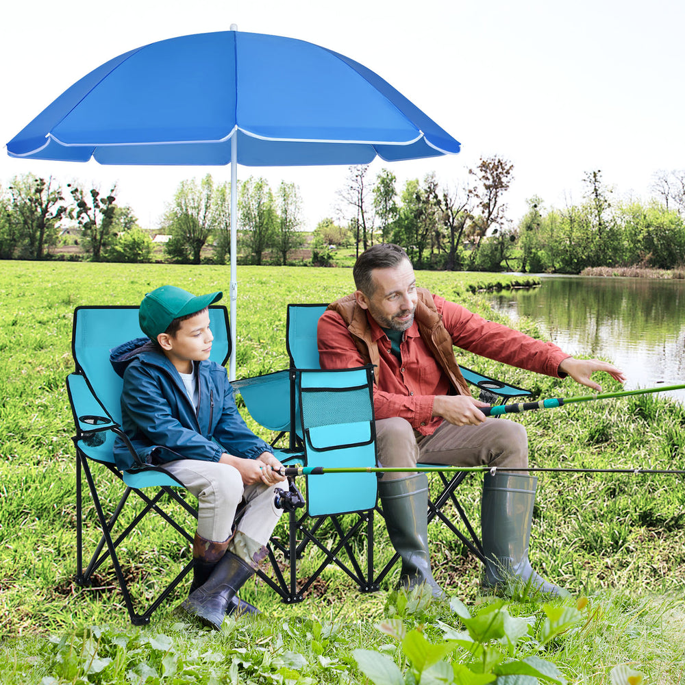 Portable Folding Picnic Double Chair With Umbrella-Turquoise - Gallery View 1 of 10