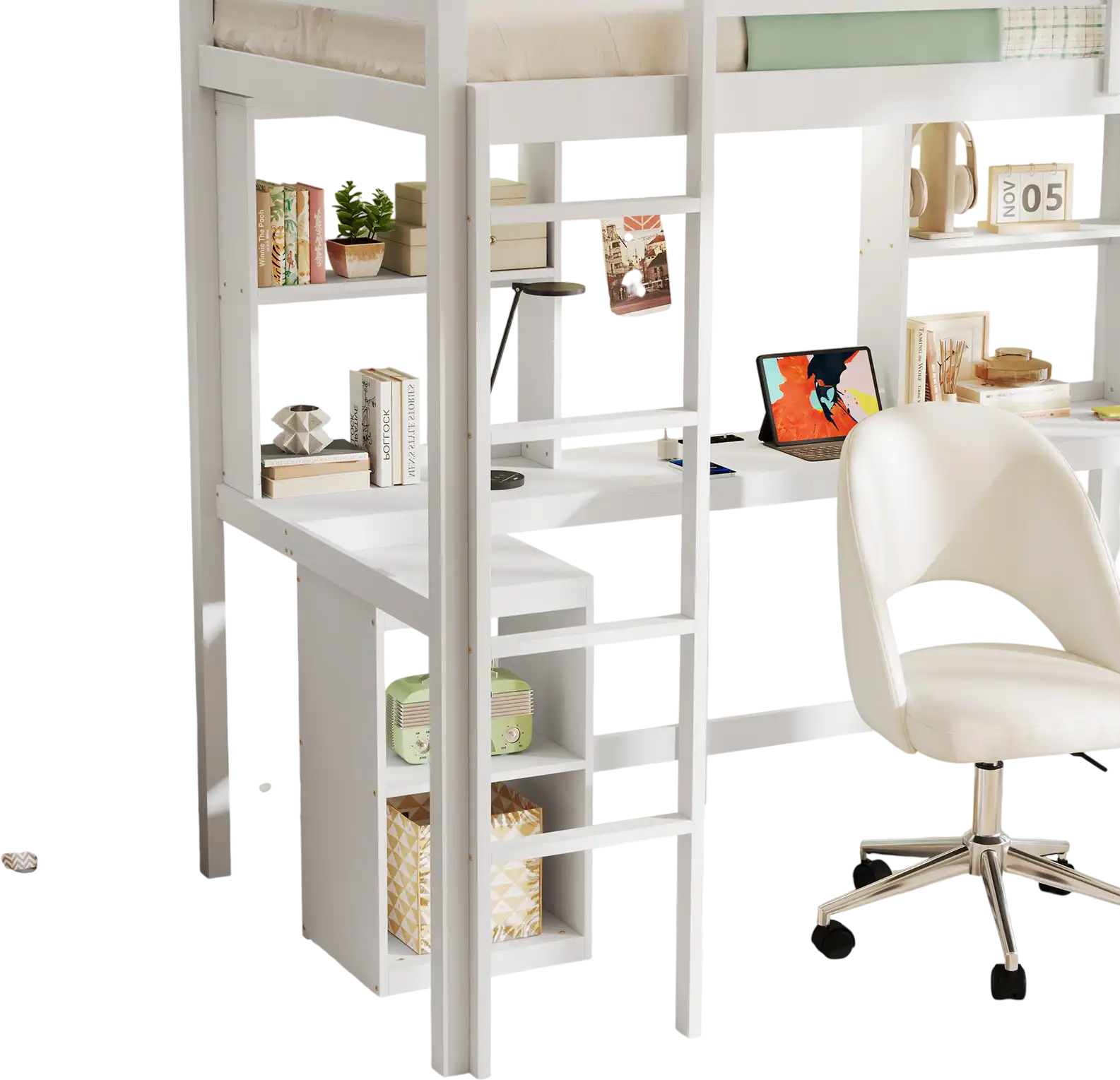 Costway Twin Loft Bed LED Light Desk White 831426579 New