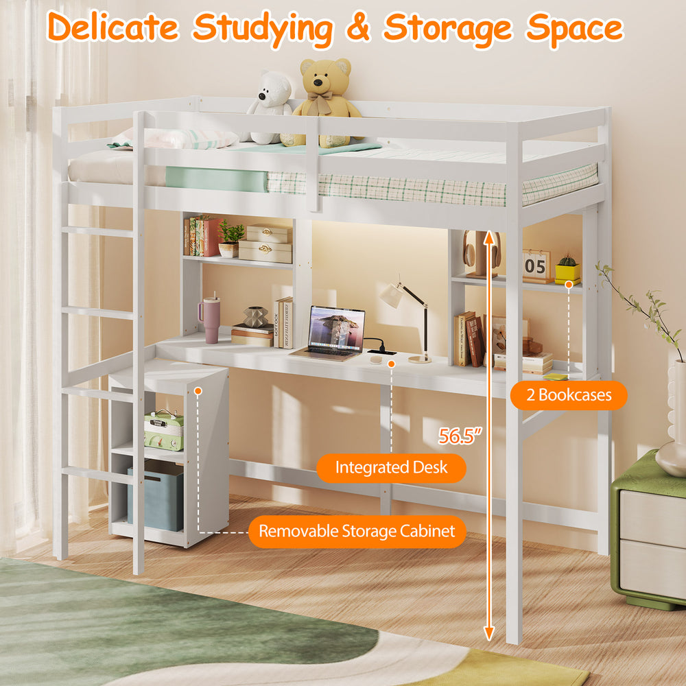 Twin loft bed in white with integrated desk, LED light, and storage options for organized studying and sleeping space.