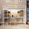 Side view of the Twin Loft Bed with integrated desk and cozy LED light, featuring a sturdy frame and ample under-bed.