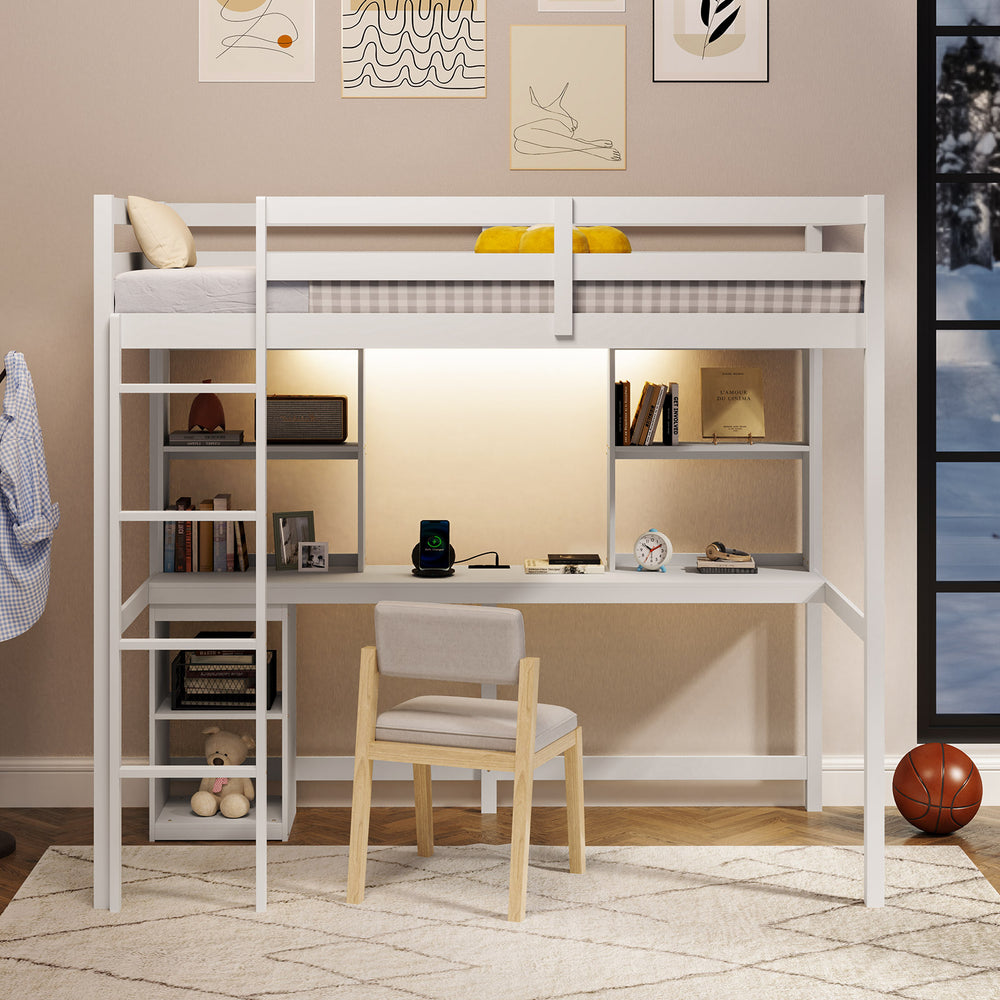 Side view of the Twin Loft Bed with integrated desk and cozy LED light, featuring a sturdy frame and ample under-bed.