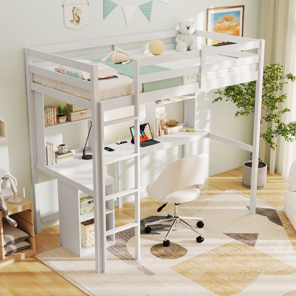 Twin loft bed in white with integrated desk, LED light, and storage for a cozy, organized bedroom setup.