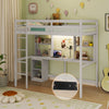Twin loft bed in white with integrated desk, LED light, and power strip, perfect for organized bedroom spaces.
