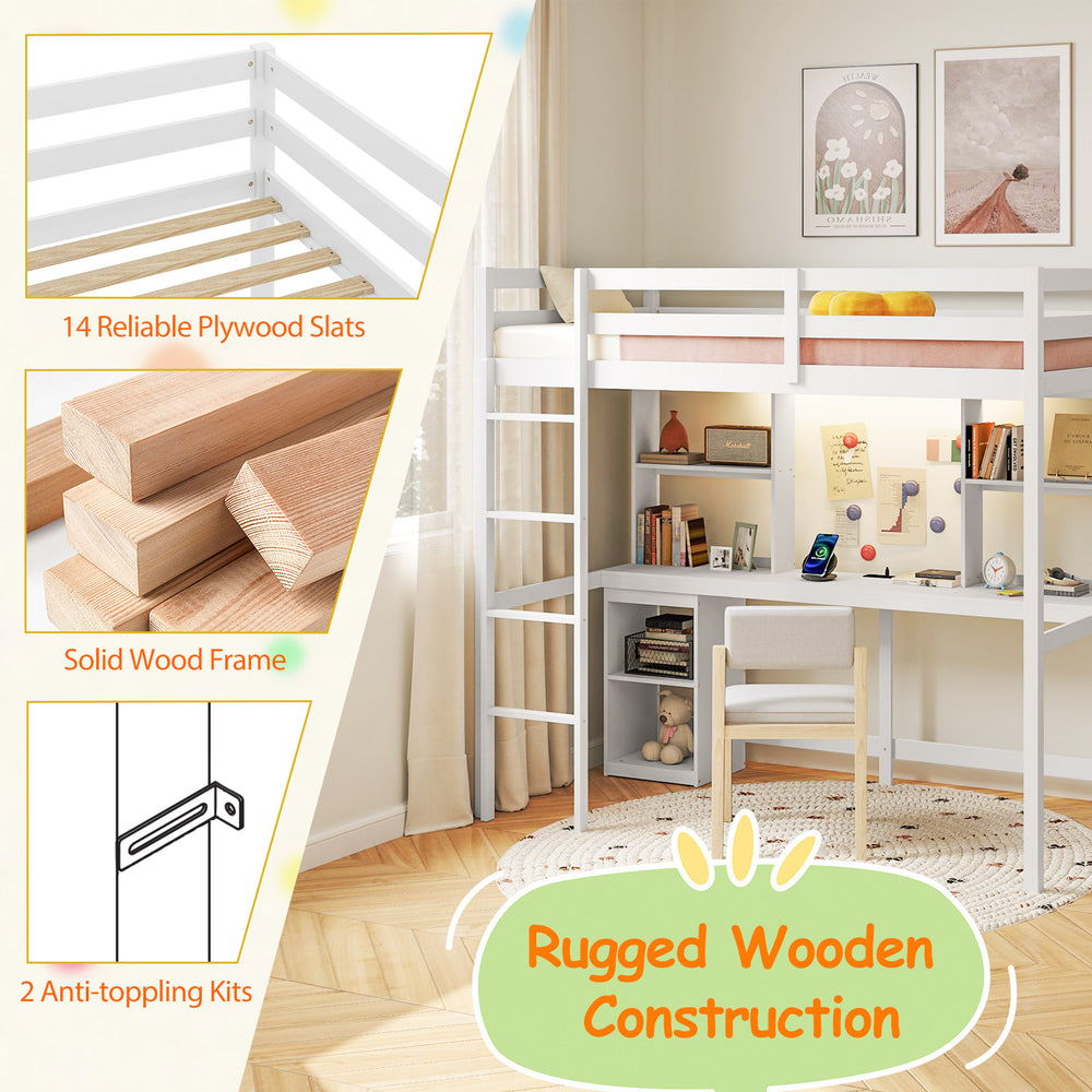 Twin loft bed with integrated desk, LED light, and solid wood frame for a cozy, organized bedroom setup.