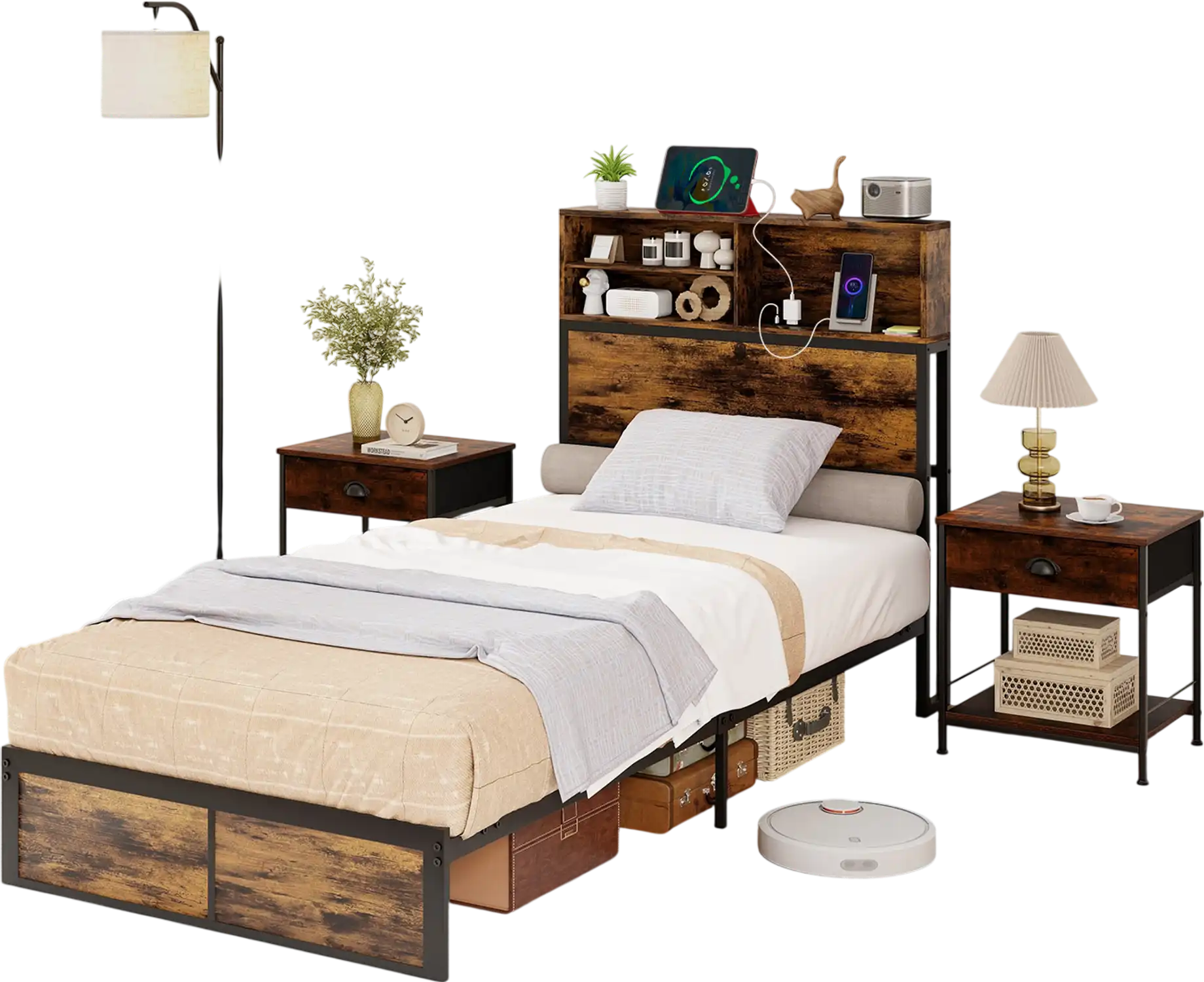 Costway Twin Bed Frame w/ Storage Headboard Industrial Metal Platform 214657389 New