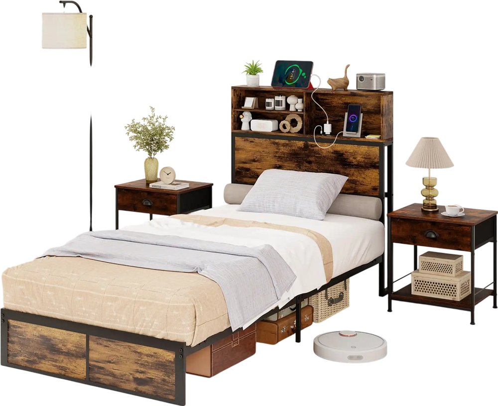Twin size bed frame with rustic storage headboard, metal slats, and under-bed storage for organized living.