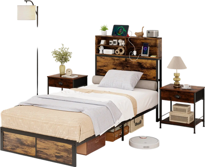 Costway Twin Bed Frame w/ Storage Headboard Industrial Metal Platform 214657389 New