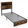 Twin size bed frame with rustic storage headboard, metal slats, and under-bed storage for efficient space utilization.