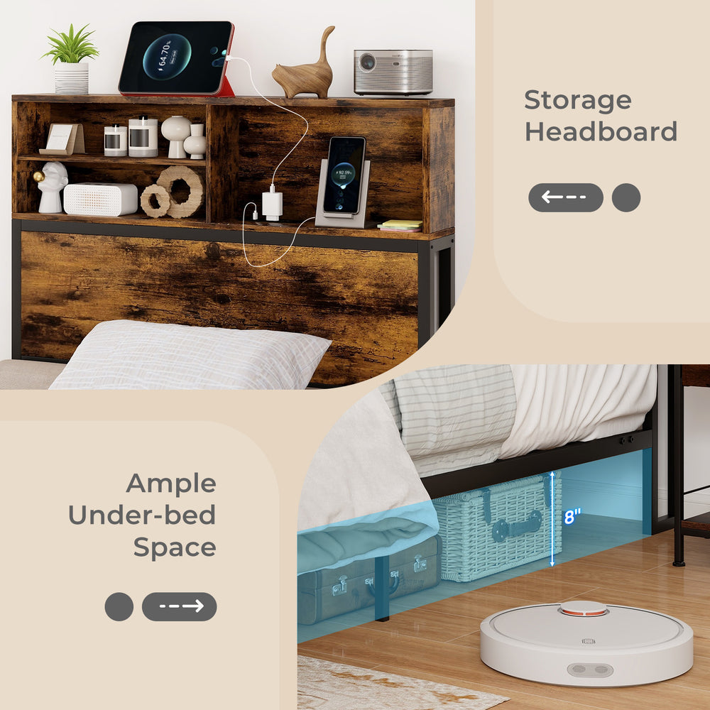 Storage headboard with USB ports and ample under-bed space for the Twin/Full/Queen/King size metal platform bed.