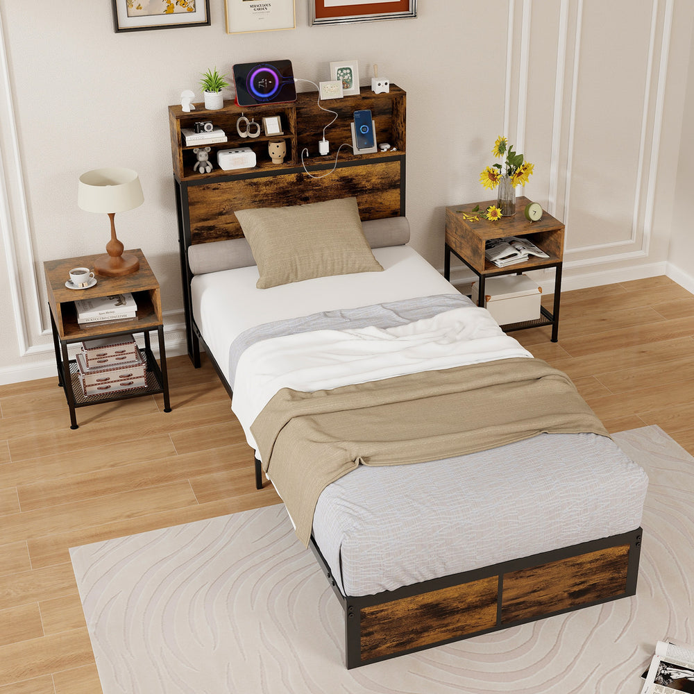 Twin size bed frame with storage headboard, featuring rustic design, USB ports, and under-bed storage for space.