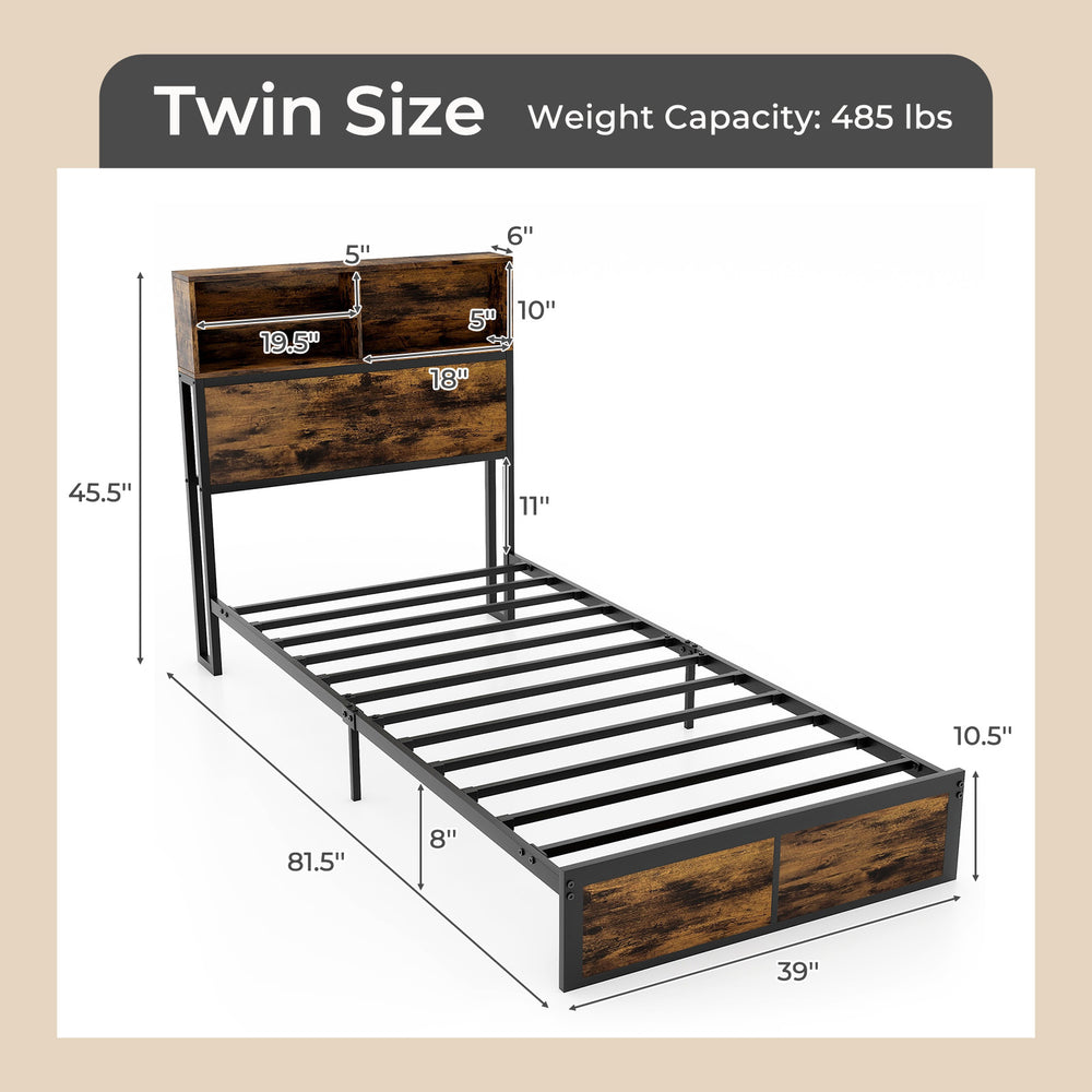 Twin size bed frame with rustic storage headboard, metal slats, and dimensions for optimal space utilization.