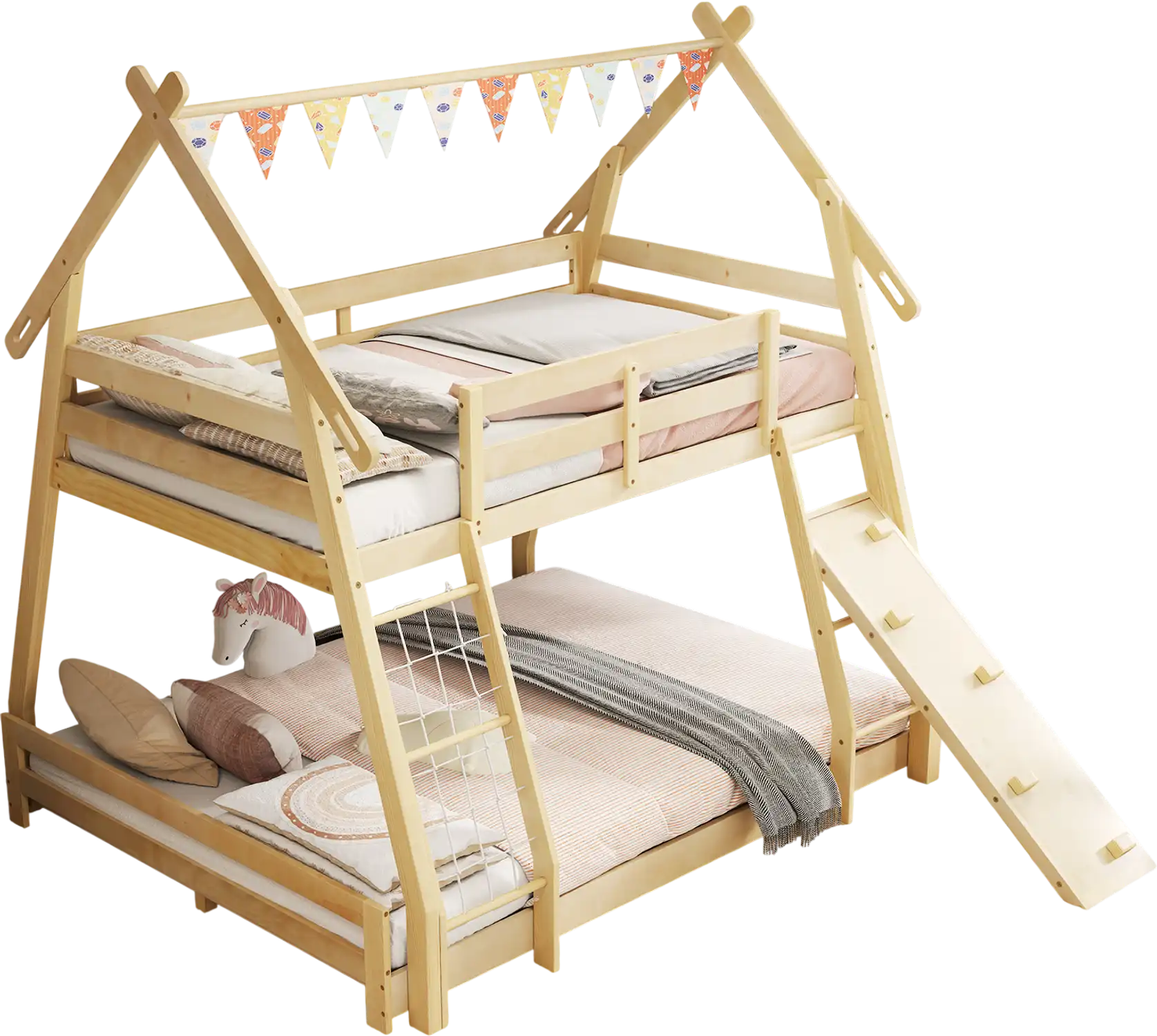 Costway Twin Over Queen Wooden Bunk Bed w/ Climbing Nets Ramp 81349256 New