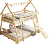 Twin over queen wooden bunk bed with climbing ramp and nets, perfect for kids' fun and safe sleeping.