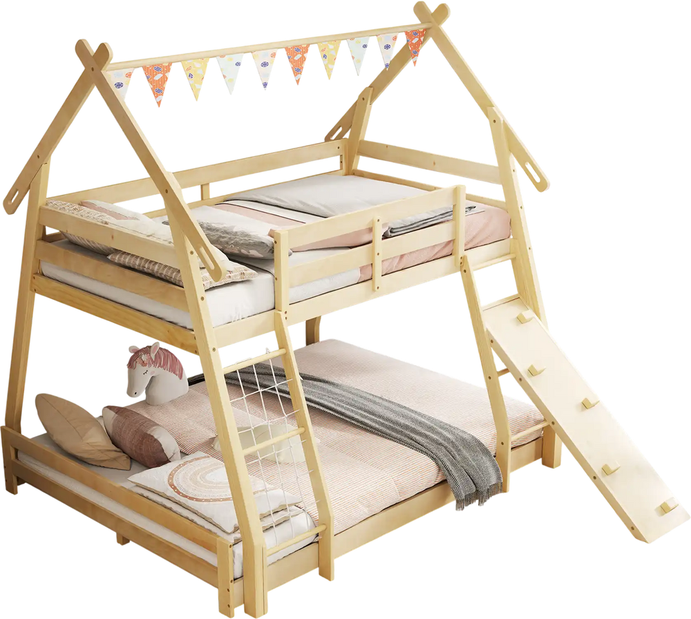 Twin over queen wooden bunk bed with climbing ramp and nets, perfect for kids' fun and safe sleeping.