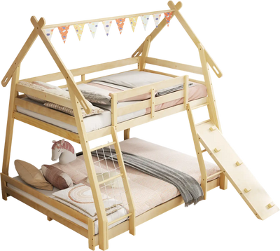 Costway Twin Over Queen Wooden Bunk Bed w/ Climbing Nets Ramp 81349256 New