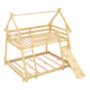 Twin over queen wooden kids bed with climbing net and ramp, featuring a natural finish for fun and safe playtime.