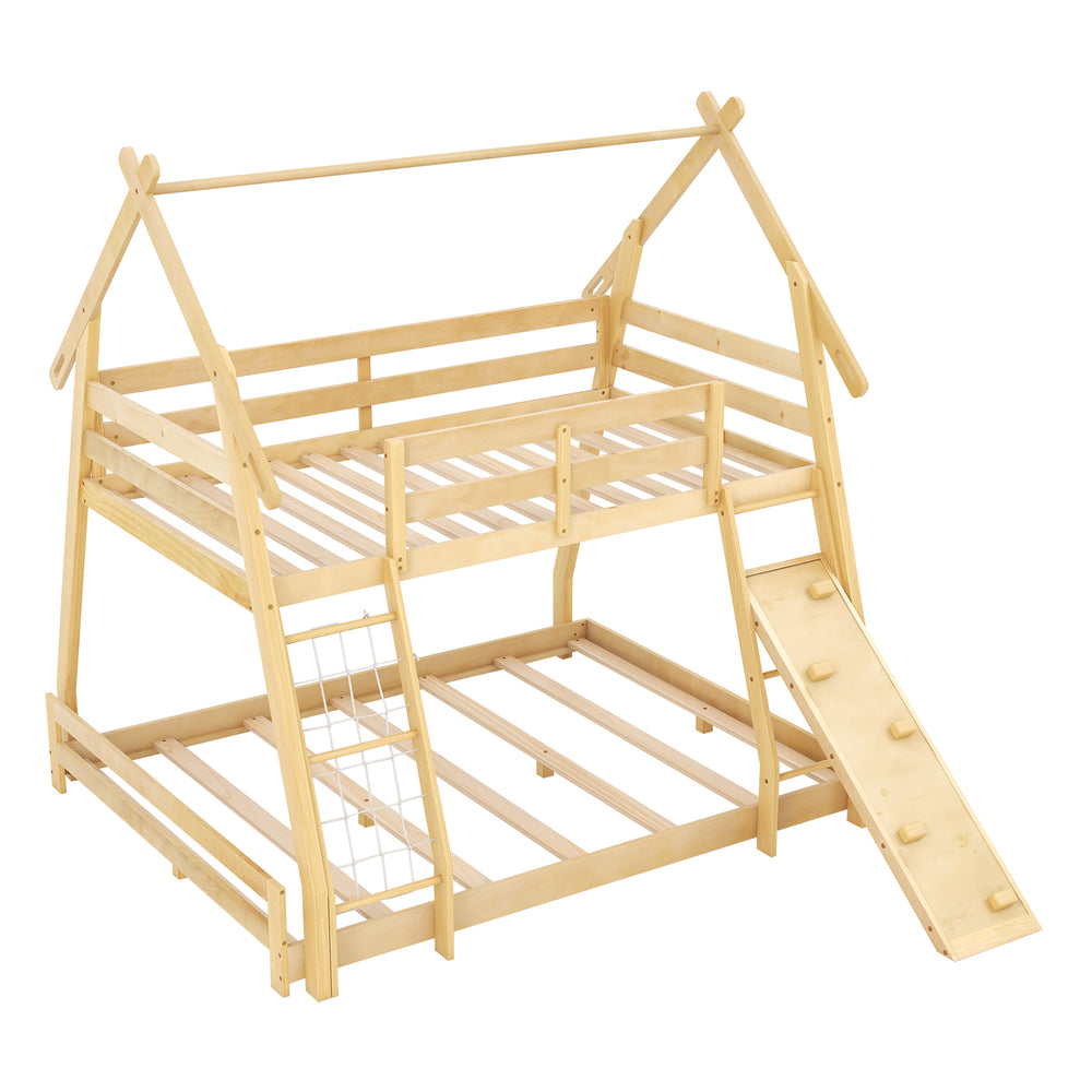 Twin over queen wooden kids bed with climbing net and ramp, featuring a natural finish for fun and safe playtime.