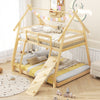 Twin over queen wooden kids bed with climbing net, ramp, and safety guardrails for fun and secure sleeping.