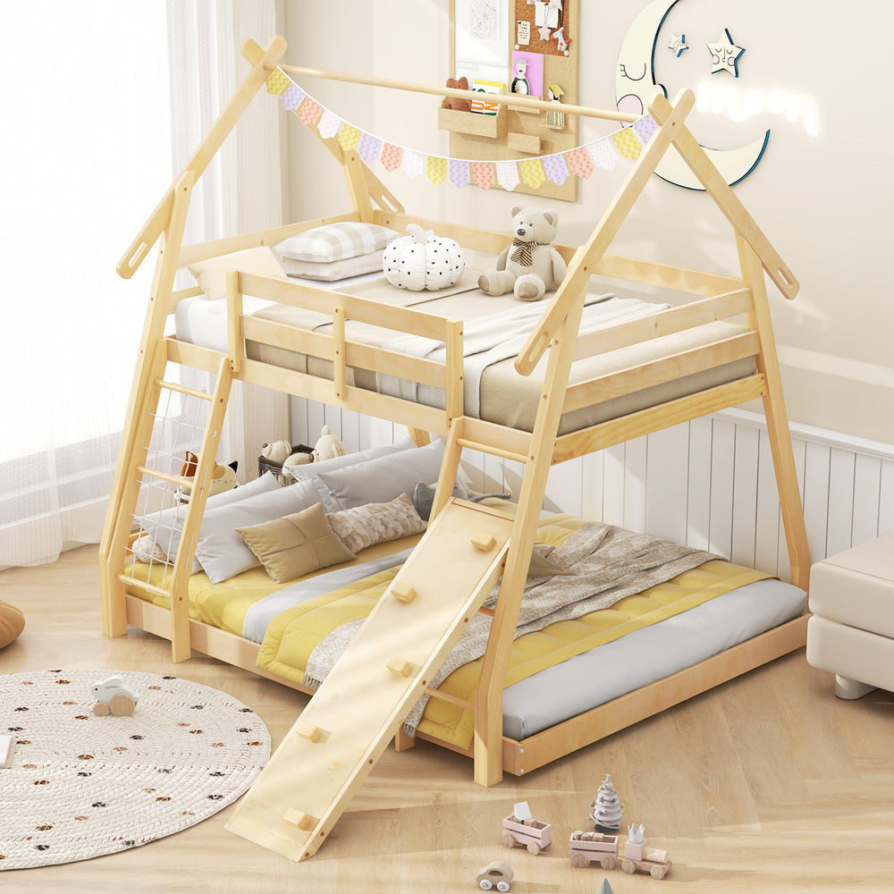 Twin over queen wooden kids bed with climbing net, ramp, and safety guardrails for fun and secure sleeping.