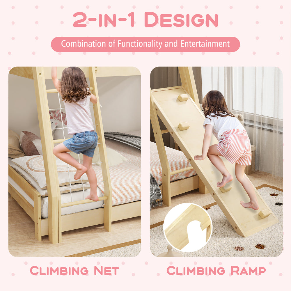 Twin over queen bunk bed featuring a climbing net and ramp, designed for fun and safety in kids' rooms.