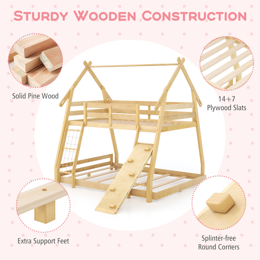 Twin over queen wooden bunk bed with climbing ramp, safety guardrails, and sturdy construction for kids' fun and safety.