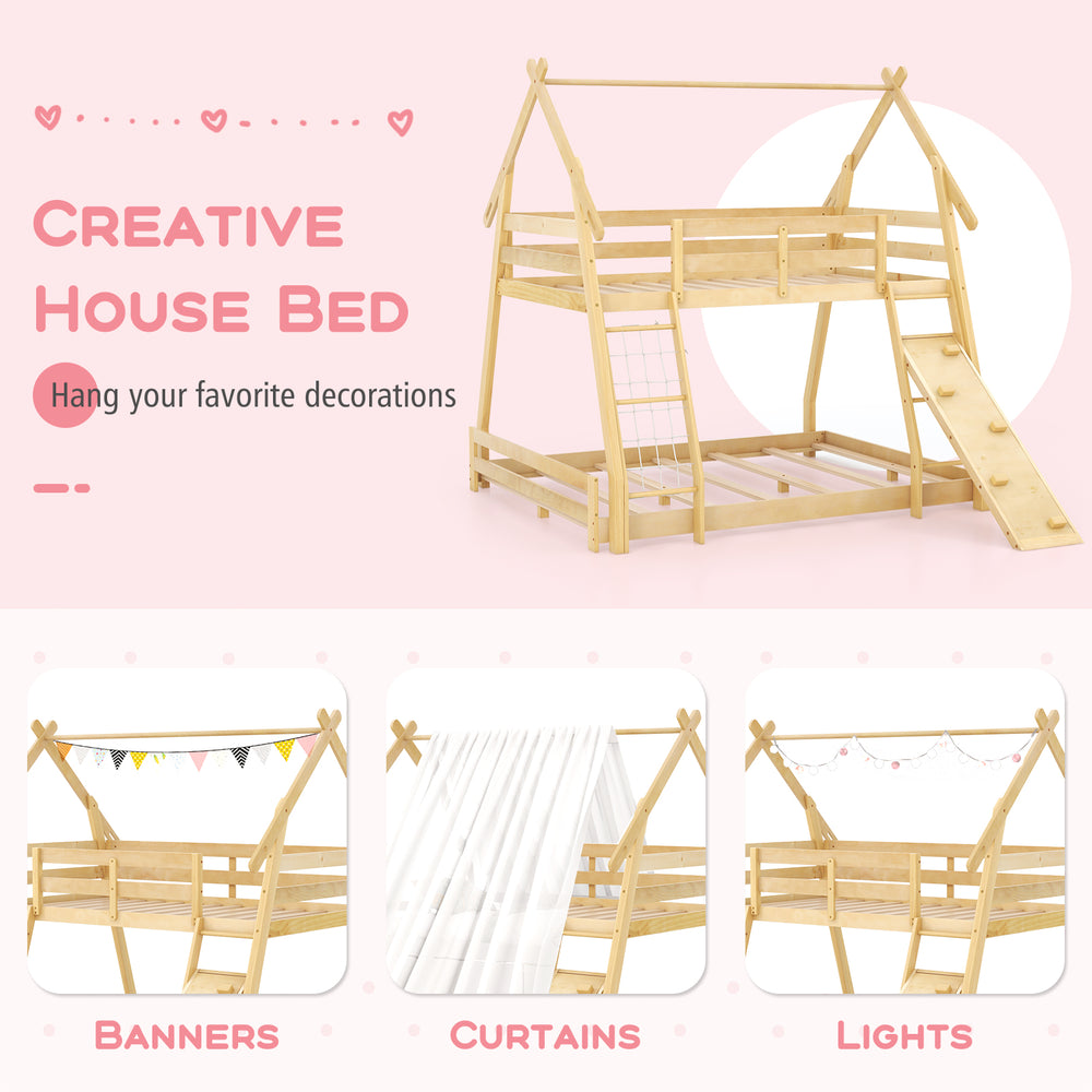 Twin over queen wooden kids bed with climbing ramp and net, designed for fun and safe sleeping with decorative options.