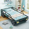 Car-shaped twin-size kids metal bed frame with safety guardrails, featuring playful design and sturdy construction.