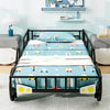 Twin-size kids metal bed frame in car shape with safety guardrails, featuring playful design and sturdy construction.