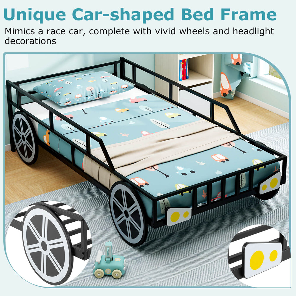 Car-shaped twin-size metal bed frame with safety guardrails, featuring playful wheels and headlights for imaginative.