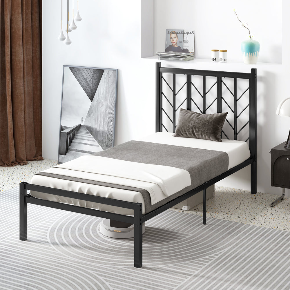 Twin size platform bed with a unique branch-shaped headboard and sturdy metal frame for elegant bedroom decor.