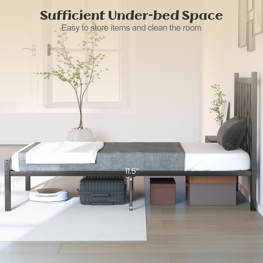 Twin size platform bed with headboard, metal frame, and 11.5" under-bed storage space for easy organization.