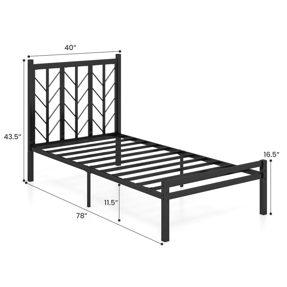 Twin size platform bed with a unique branch headboard and sturdy metal frame, perfect for stylish bedroom storage.