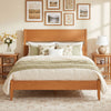 Close-up of the warm brown full bed frame's solid wood legs and classic headboard, showcasing its modern rustic design.