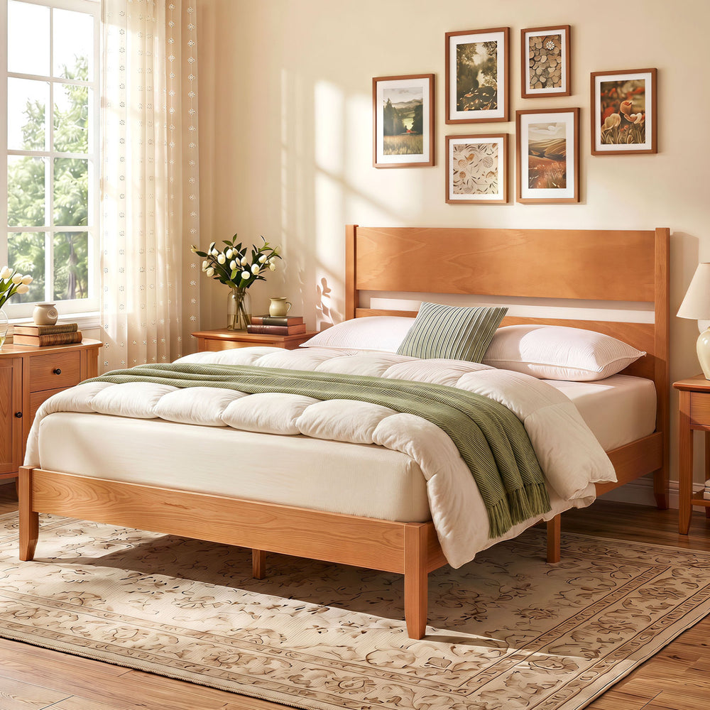 Full bed frame in warm brown with solid wood legs and classic headboard, featuring 12 slats for mattress support.