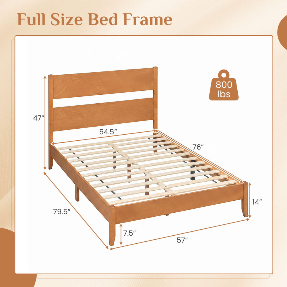 Full size bed frame in warm brown with solid wood legs, 12 slats, and a classic headboard for modern rustic charm.