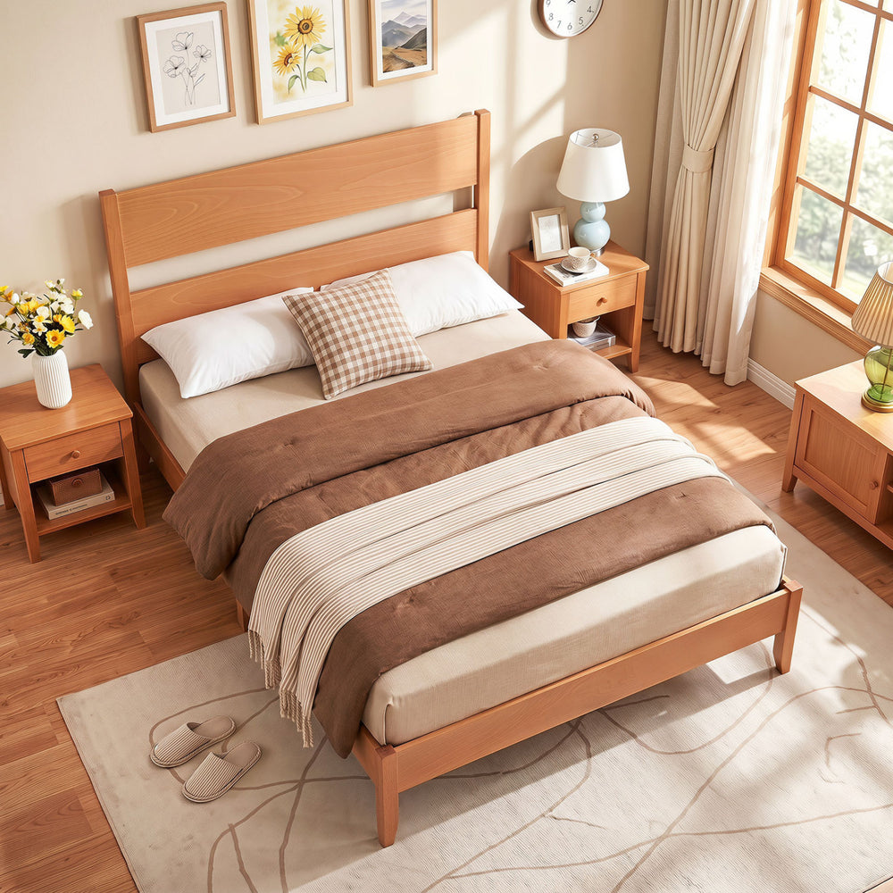 Warm brown full bed frame with solid wood legs and classic headboard, featuring 12 slats for mattress support.