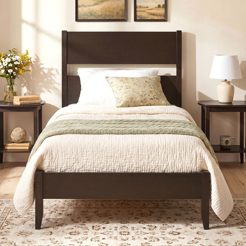 Twin Bed Frame with Headboard with Solid Wood Legs 12 Slats-Warm Brown - Gallery View 1 of 10