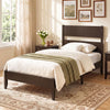 Twin bed frame in warm brown with a classic wooden headboard and solid wood legs, featuring 12 slats for mattress support.