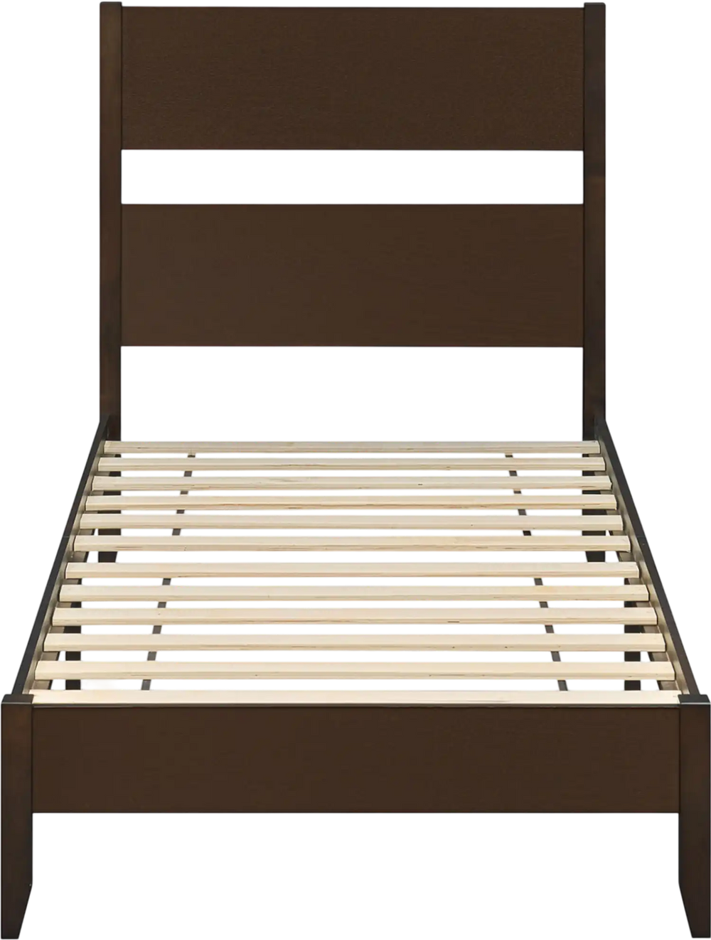Twin bed frame in warm brown with solid wood legs and classic headboard, featuring 12 slats for reliable mattress support.