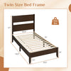 Twin bed frame in warm brown showcasing a solid wood headboard and 12 slats, offering durability and modern rustic style.