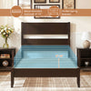Twin bed frame in warm brown with solid wood legs and headboard, featuring 12 slats and no box spring needed.