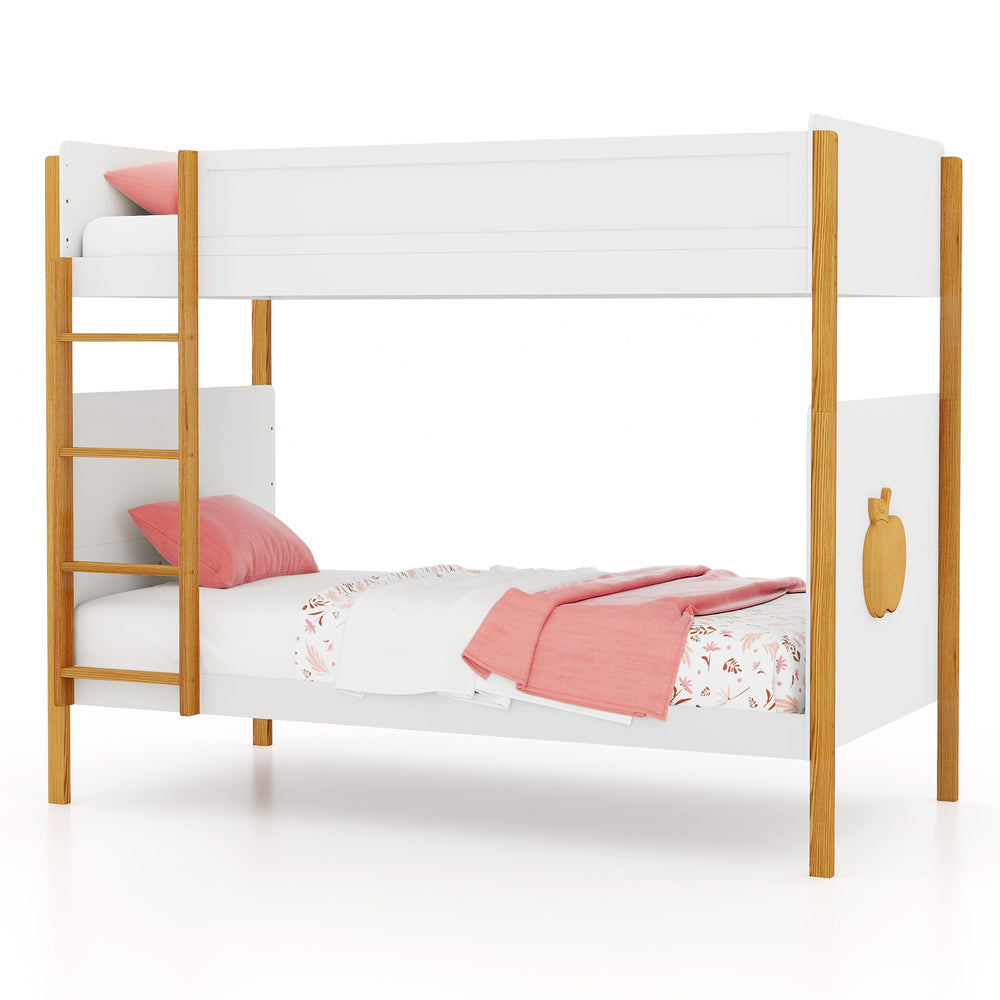 Detail view of the upper twin bed with safety guardrails and solid wood frame, offering secure sleeping for kids.