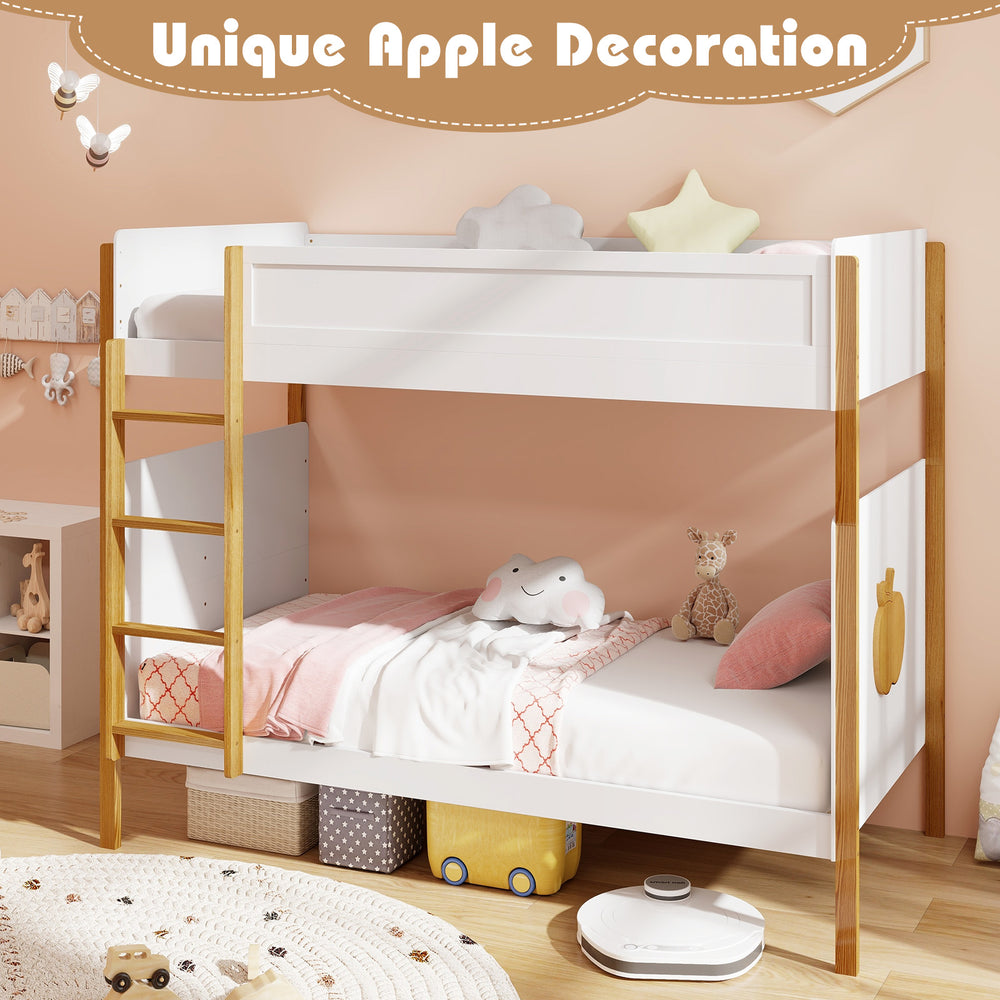 Twin over twin bunk bed with unique apple decoration and solid wood frame, perfect for kids' rooms and stylish decor.