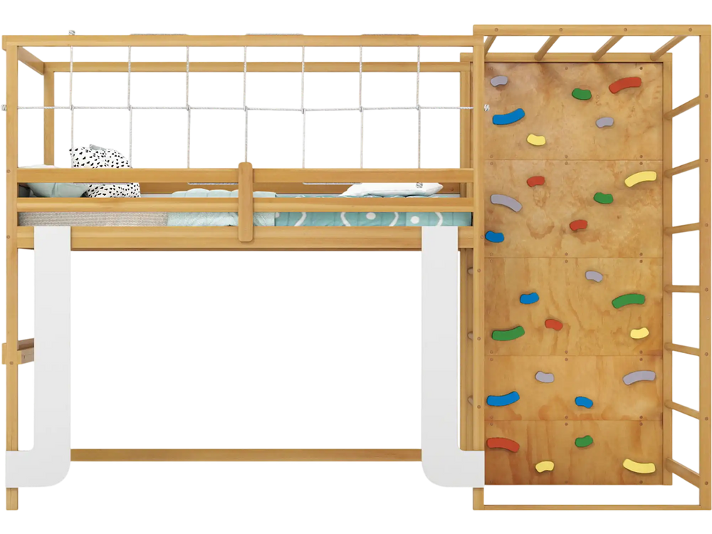 Twin bunk bed with a climbing wall and monkey bar, designed for kids' active play and supporting a twin mattress.