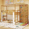 Twin bunk bed with jungle gym features a climbing ladder, rock wall, and solid wood frame for durability and play.