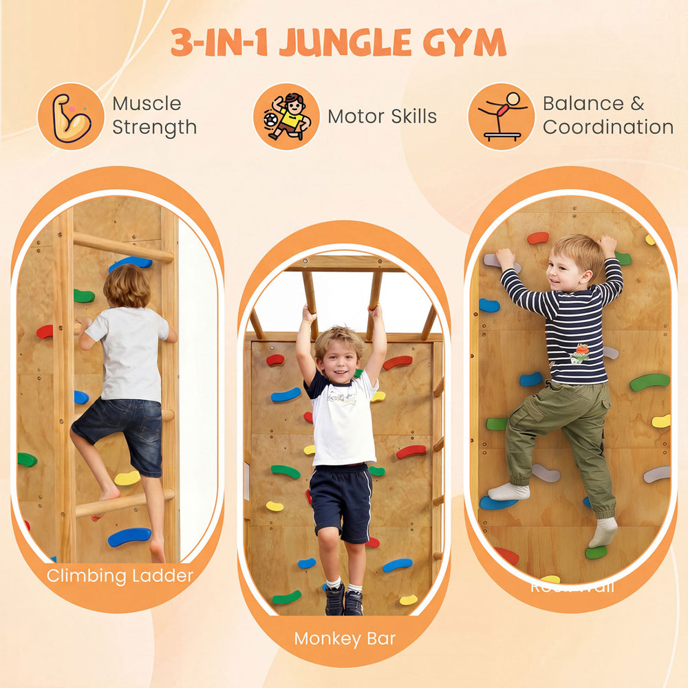 3-in-1 jungle gym features a climbing ladder, monkey bar, and rock wall for kids to enhance strength and coordination.