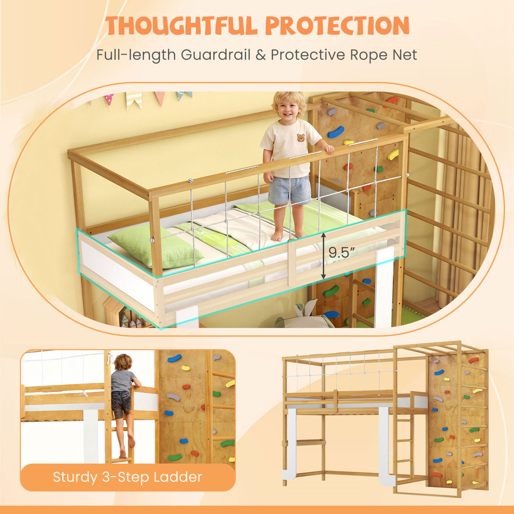 Twin bunk bed with climbing ladder, rock wall, and full-length guardrail for safe and fun playtime.