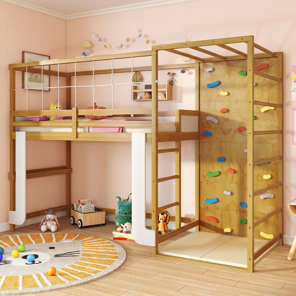 Twin bunk bed with jungle gym features a climbing ladder, rock wall, and solid wood frame for durability and fun.