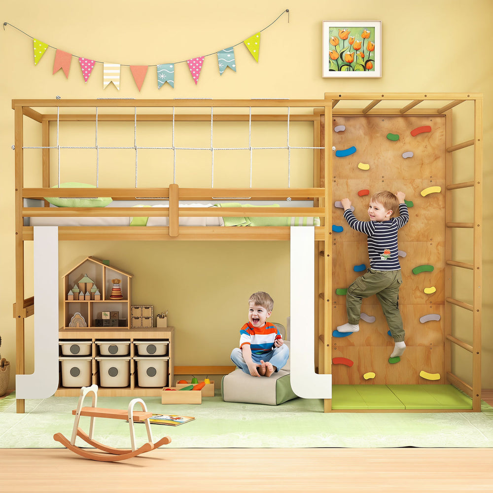Twin bunk bed with jungle gym features a climbing ladder and rock wall, perfect for active play and sleep space.