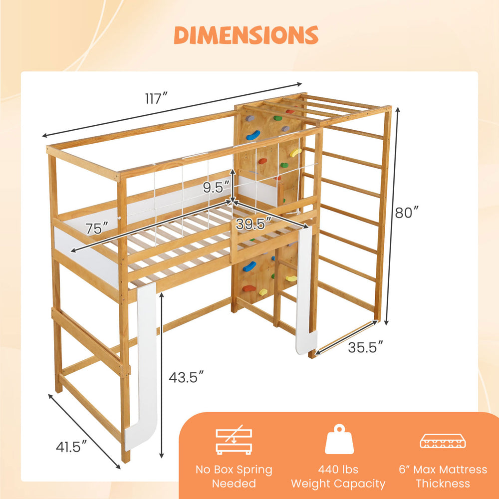 Twin bunk bed with jungle gym features a climbing ladder, rock wall, and solid wood frame for durability and safety.